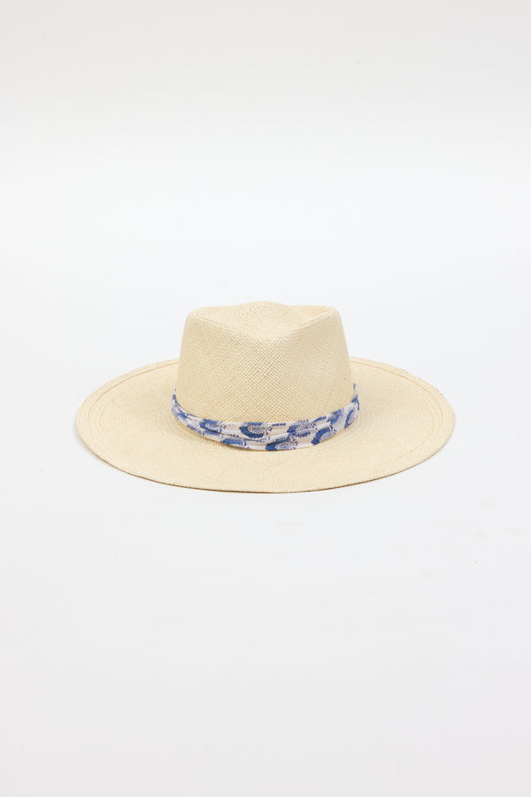 Panama hat with blue and white fabric trim