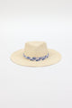 Panama hat with blue and white fabric trim