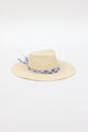 3/4 angle of Panama hat with blue and white fabric trim