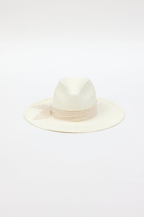 white panama hat with tan dotted stripe trim
