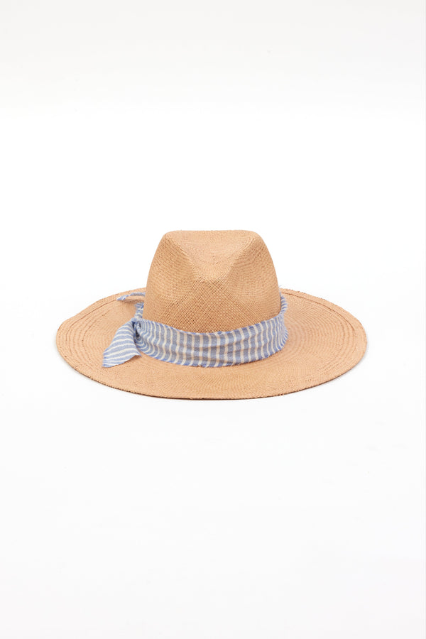 pecan brown panama hat with chambray stripe trim