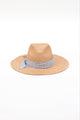 pecan brown panama hat with chambray stripe trim