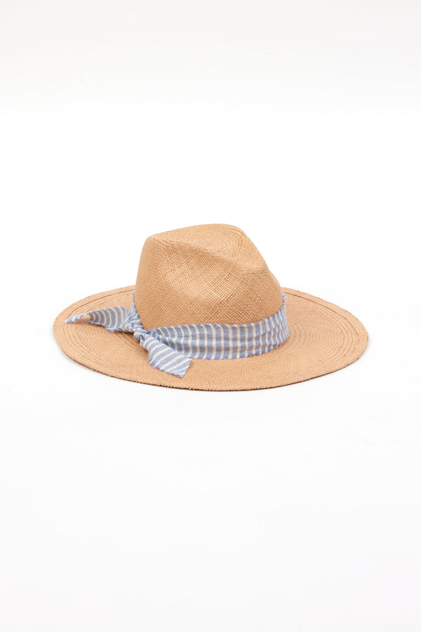 3/4 angle of pecan brown panama hat with chambray stripe trim