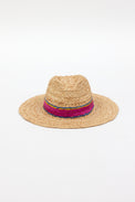 Braided raffia sunhat with pink, yellow and blue trim