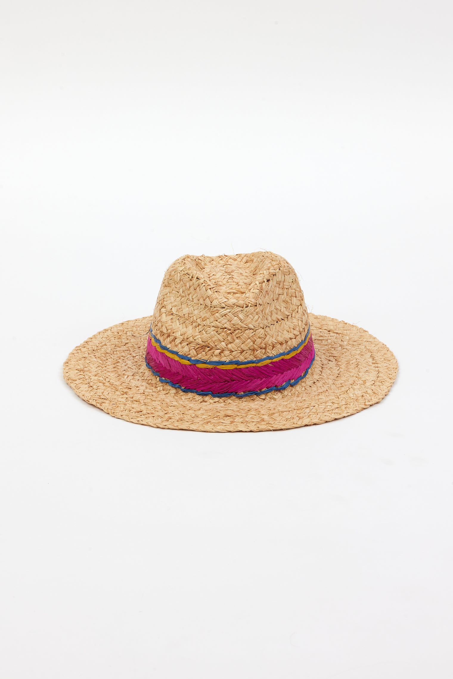 Braided raffia sunhat with pink, yellow and blue trim