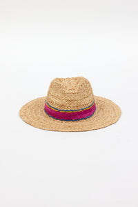 Braided raffia sunhat with pink, yellow and blue trim