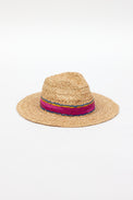 3/4 angle of braided raffia sunhat with pink, yellow and blue trim