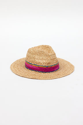 3/4 angle of braided raffia sunhat with pink, yellow and blue trim