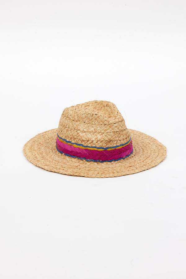 3/4 angle of braided raffia sunhat with pink, yellow and blue trim
