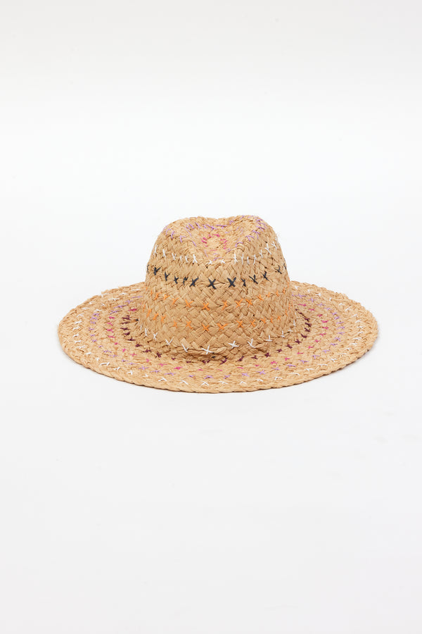tan woven straw sunhat with colorful stitching