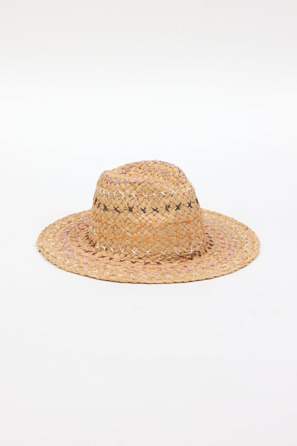 3/4 angle of tan woven straw sunhat with colorful stitching