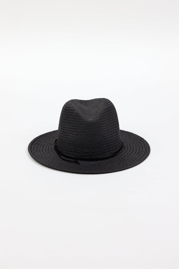 black straw fedora with black trim