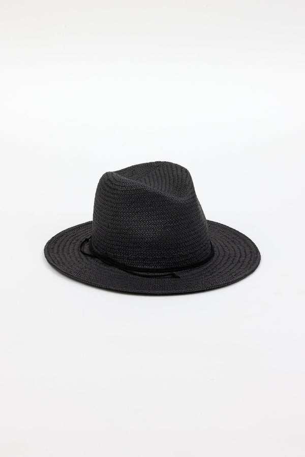 3/4 angle of black straw fedora