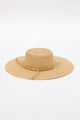 3/4 angle of brimmed straw sun hat with straw trim
