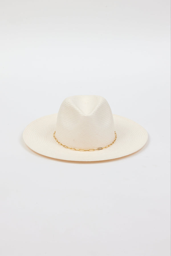 Front angle of white brimmed hat with gold trim and slightly lifted brim