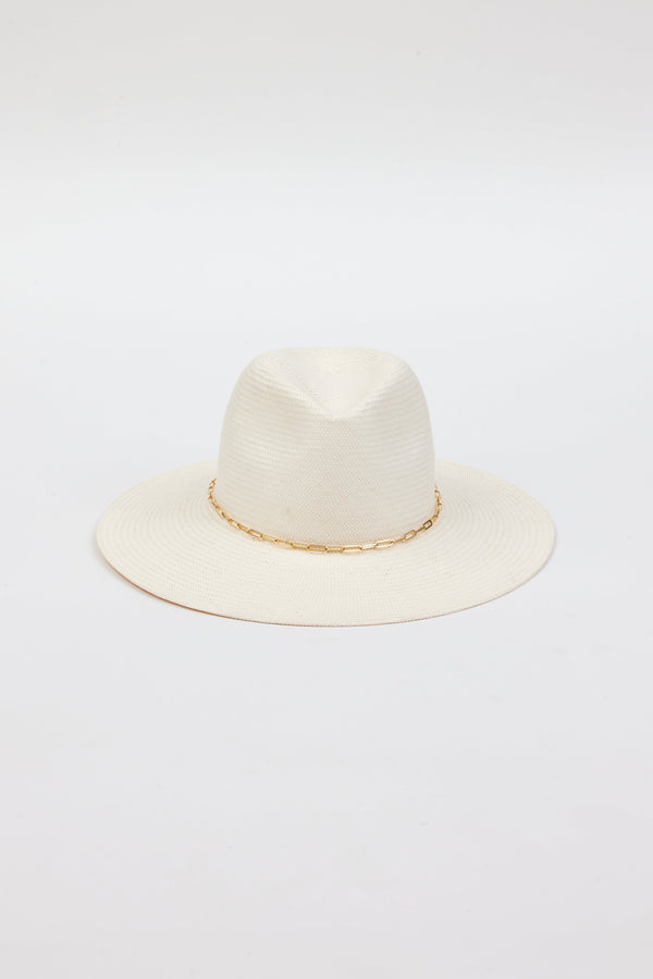 Front angle of white brimmed hat with gold trim