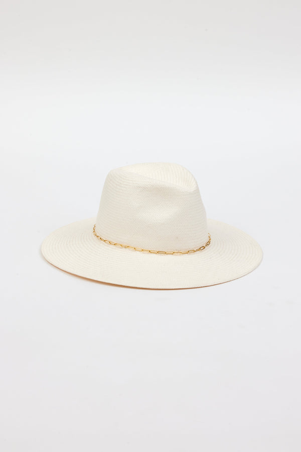 White brimmed hat with gold trim