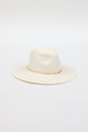 White brimmed hat with gold trim