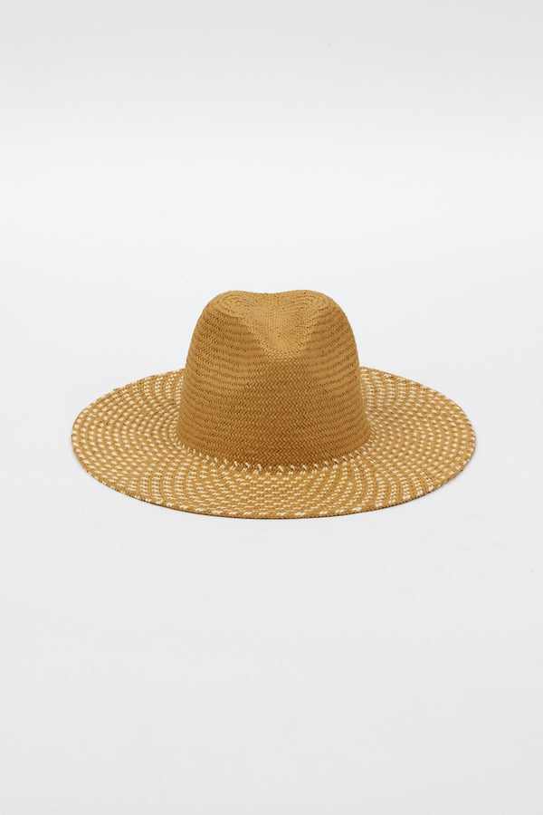 Front angle of tan woven packable sun hat