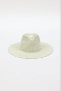 Front angle of mint and natural colored pattern brimmed sun hat