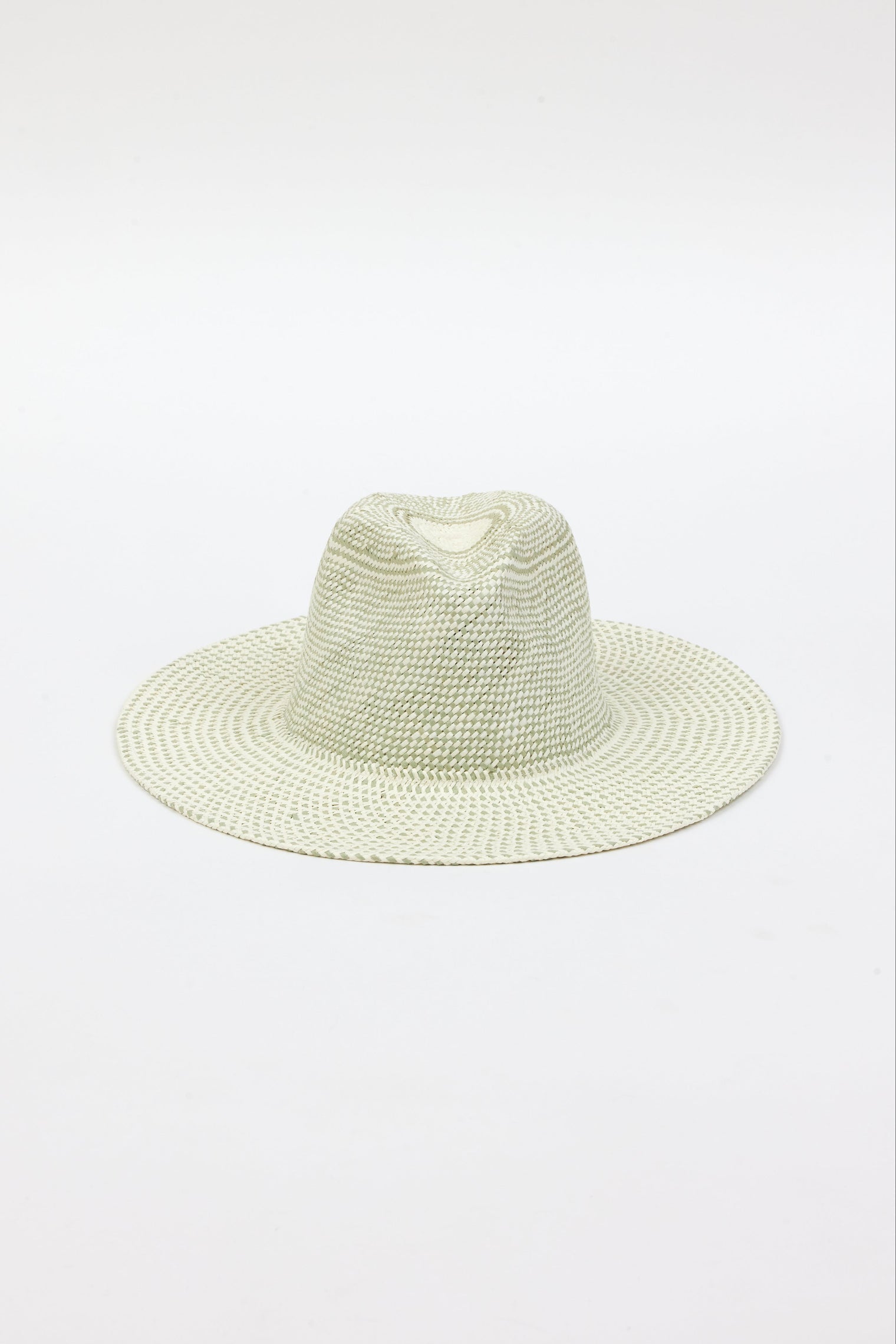 Front angle of mint and natural colored pattern brimmed sun hat