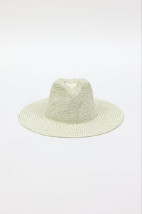 Front angle of mint and natural colored pattern brimmed sun hat