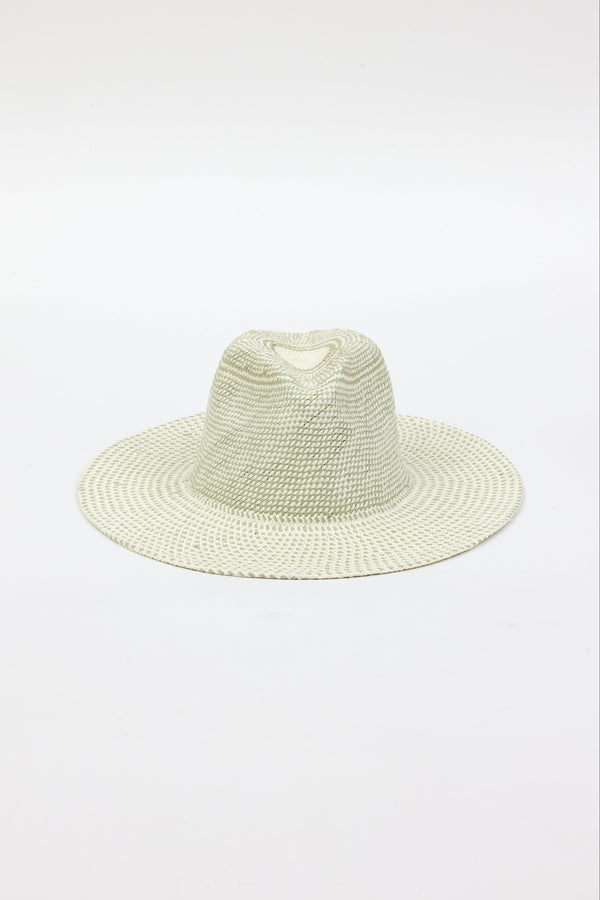 Front angle of mint and natural colored pattern brimmed sun hat