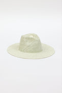 3/4 angle of mint and natural colored pattern brimmed sun hat