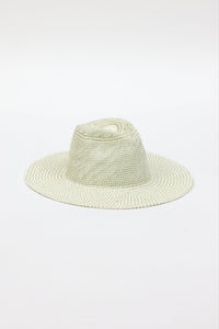3/4 angle of mint and natural colored pattern brimmed sun hat
