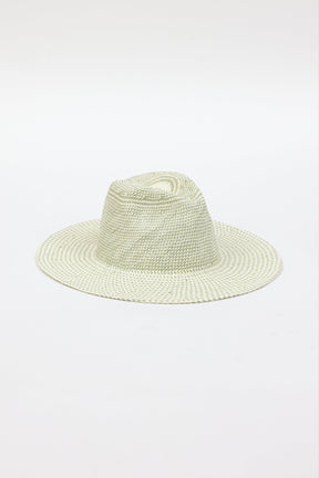 3/4 angle of mint and natural colored pattern brimmed sun hat