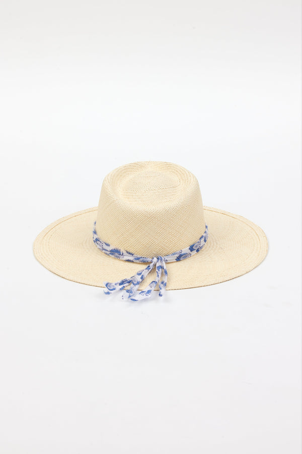 Back of panama hat with blue and white fabric trim