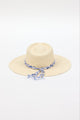 Back of panama hat with blue and white fabric trim