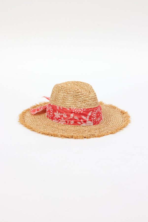 braided raffia sunhat with coral floral trim