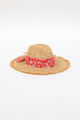 braided raffia sunhat with coral floral trim