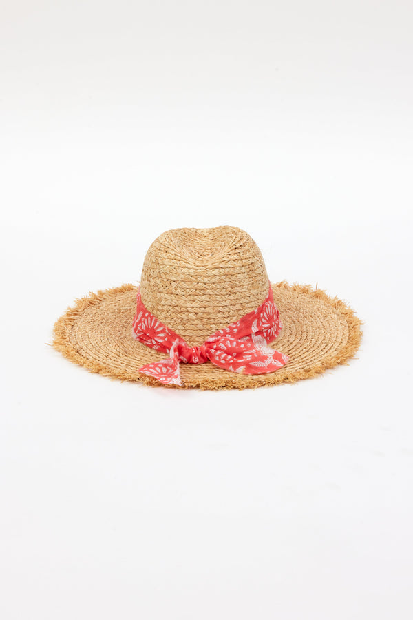 back of braided raffia sunhat with coral floral trim
