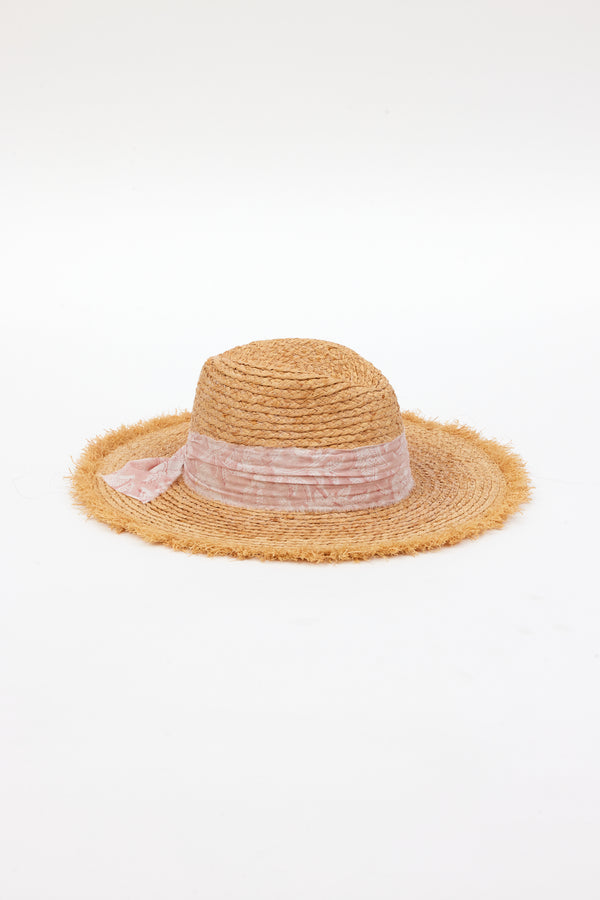 braided raffia sunhat with pale pink floral trim