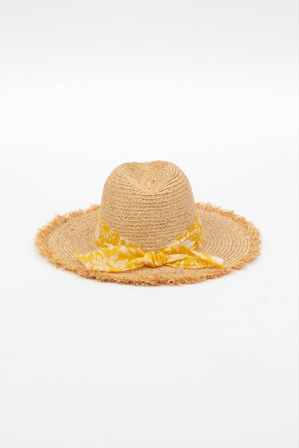 back of braided raffia sunhat with yellow floral trim