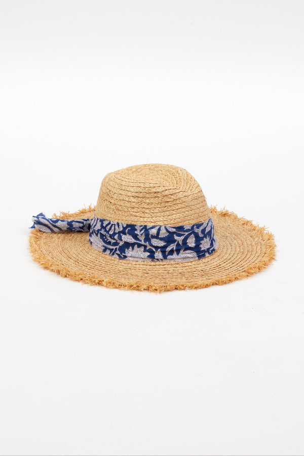braided raffia sunhat with royal blue floral trim