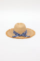back of braided raffia sunhat with royal blue floral trim
