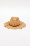 front of braided raffia sunhat with brown trim