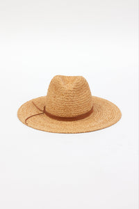 front of braided raffia sunhat with brown trim