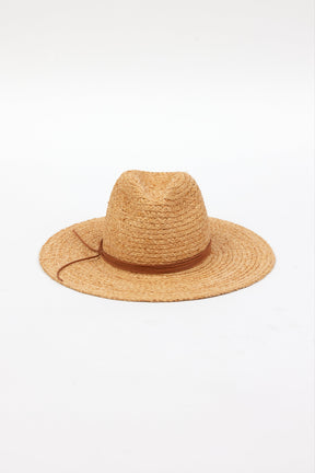 front of braided raffia sunhat with brown trim