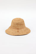 Back of crocheted bucket hat with PU leather trim