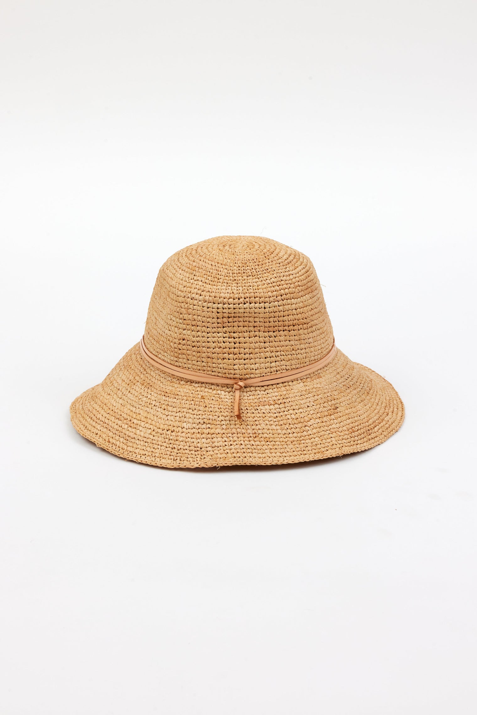Back of crocheted bucket hat with PU leather trim