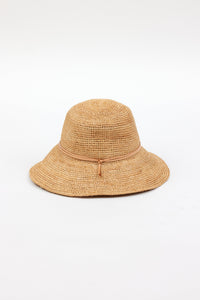 Back of crocheted bucket hat with PU leather trim
