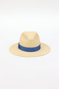 Front angle of straw panama hat with blue ribbon trim