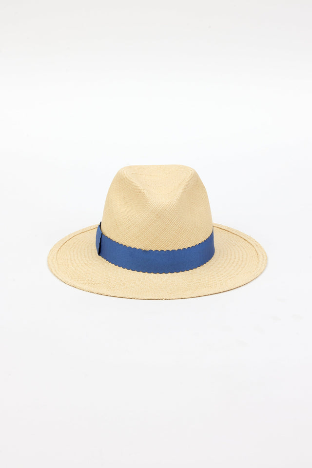 Front angle of straw panama hat with blue ribbon trim