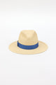 Front angle of straw panama hat with blue ribbon trim