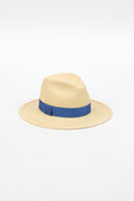 Straw panama hat with blue ribbon trim