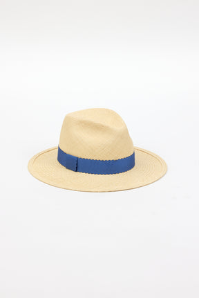 Straw panama hat with blue ribbon trim
